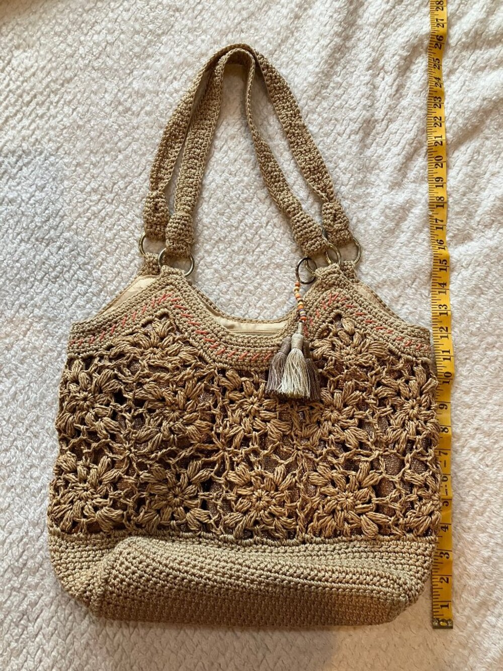 The Sak Crochet Shoulder Bag Tan Floral Knit Tassel Boho Straw Woven Tote Purse - Picture 11 of 12